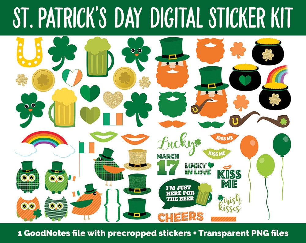 St. Patrick's Day Mega Digital Sticker Bundle | GoodNotes & iPad | March Calendar Dates, Sticky Notes, Washi, Trackers and More!