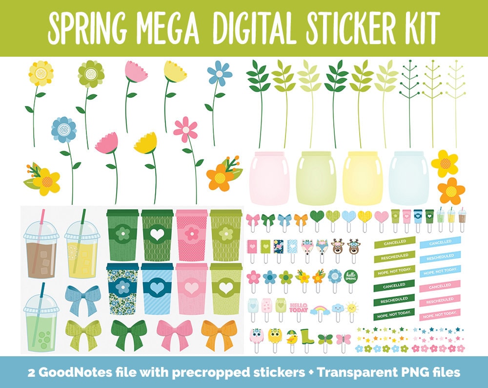 Spring MEGA Digital Sticker Bundle | GoodNotes & iPad | April |  May | Calendar Dates, Sticky Notes, Washi, Trackers and More!