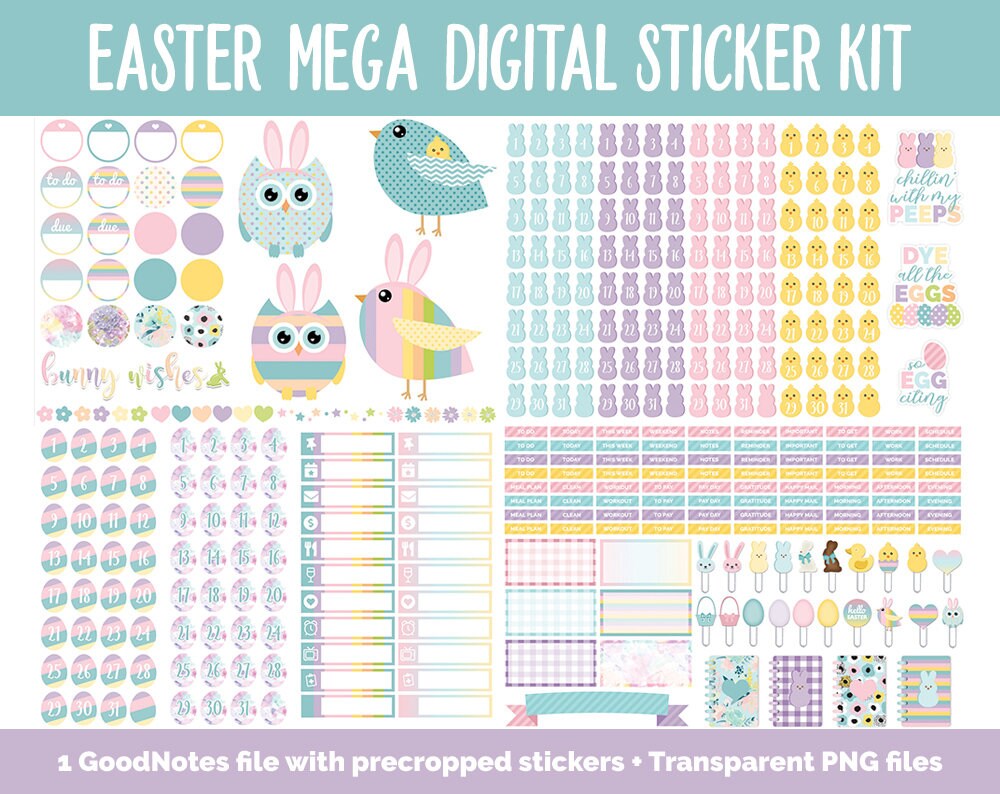 Easter MEGA Digital Sticker Bundle | GoodNotes & iPad | April, Calendar Dates, Sticky Notes, Washi, Trackers and More!