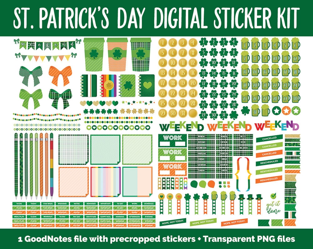 St. Patrick's Day Mega Digital Sticker Bundle | GoodNotes & iPad | March Calendar Dates, Sticky Notes, Washi, Trackers and More!