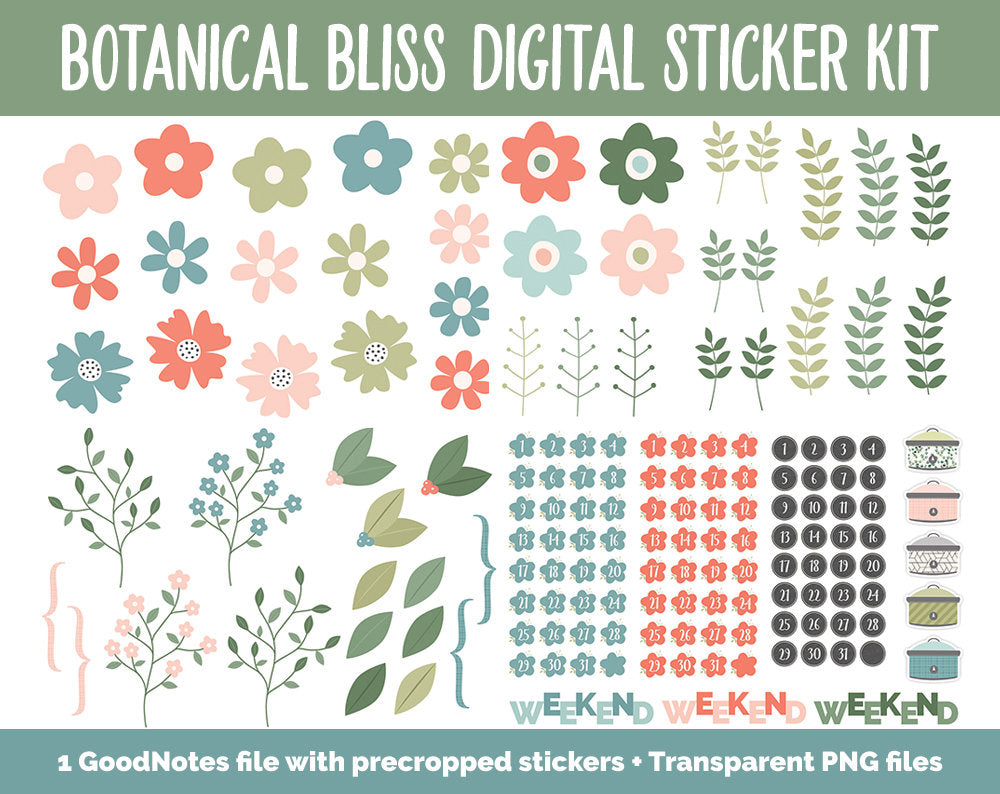 Botanical Bliss March Digital Sticker Bundle | GoodNotes & iPad | Spring Calendar Dates, Sticky Notes, Washi, Trackers and More!