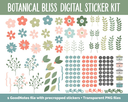 Botanical Bliss March Digital Sticker Bundle | GoodNotes & iPad | Spring Calendar Dates, Sticky Notes, Washi, Trackers and More!