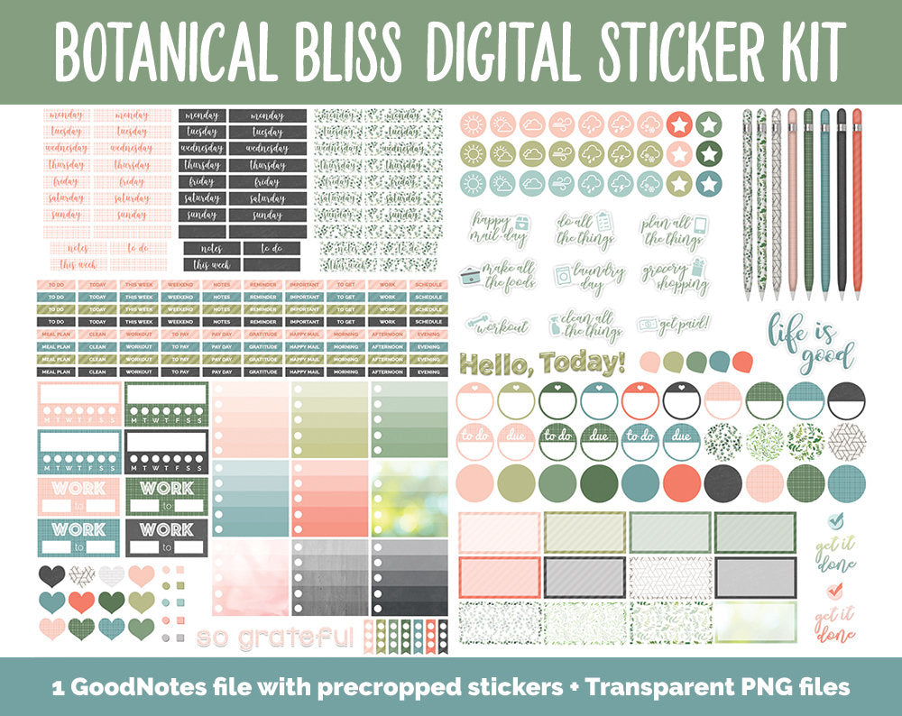 Botanical Bliss March Digital Sticker Bundle | GoodNotes & iPad | Spring Calendar Dates, Sticky Notes, Washi, Trackers and More!
