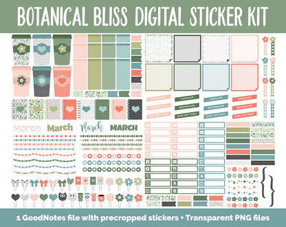 Botanical Bliss March Digital Sticker Bundle | GoodNotes & iPad | Spring Calendar Dates, Sticky Notes, Washi, Trackers and More!