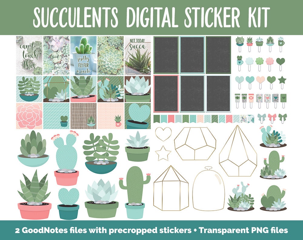 Succulents & Cactus Digital Sticker Bundle | GoodNotes | iPad | May, June Calendar Dates, Sticky Notes, Washi, Trackers and More!