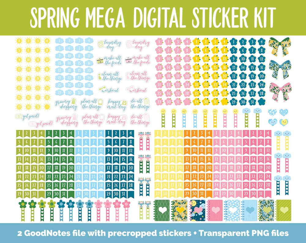 Spring MEGA Digital Sticker Bundle | GoodNotes & iPad | April |  May | Calendar Dates, Sticky Notes, Washi, Trackers and More!