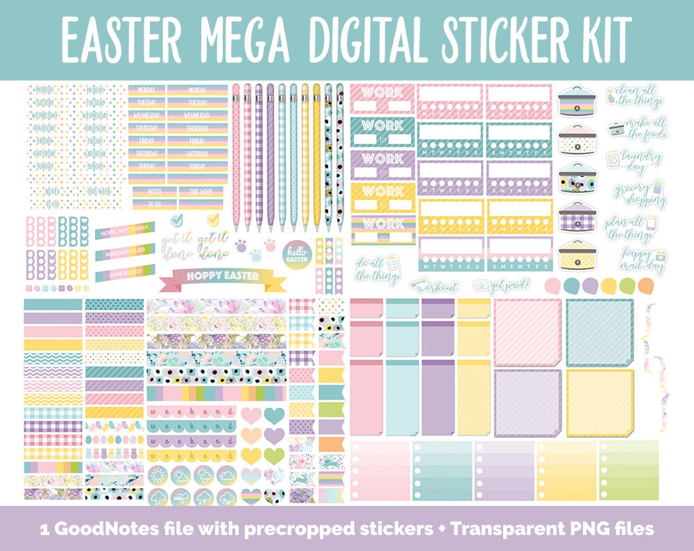 Easter MEGA Digital Sticker Bundle | GoodNotes & iPad | April, Calendar Dates, Sticky Notes, Washi, Trackers and More!