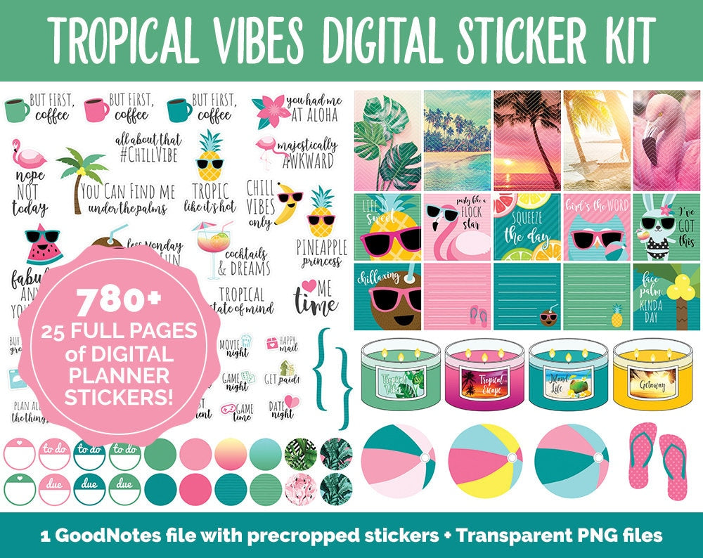 Tropical Vibes Digital Stickers | GoodNotes, iPad & Android | August, Summer, Beach, Vacation