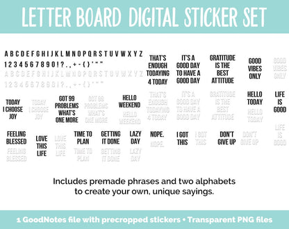 Letter Board Digital Stickers | GoodNotes, iPad and Android | Quotes, Sayings, Lists