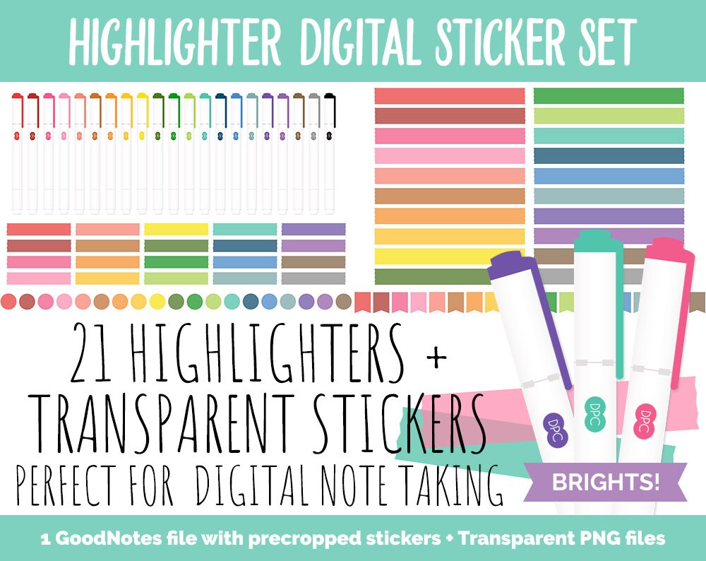 Brights Highlighters & Transparent Washi Digital Stickers | GoodNotes, iPad and Android | Digital Note Taking