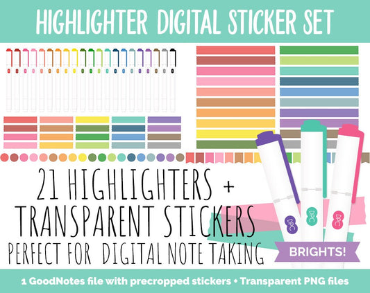 Brights Highlighters & Transparent Washi Digital Stickers | GoodNotes, iPad and Android | Digital Note Taking