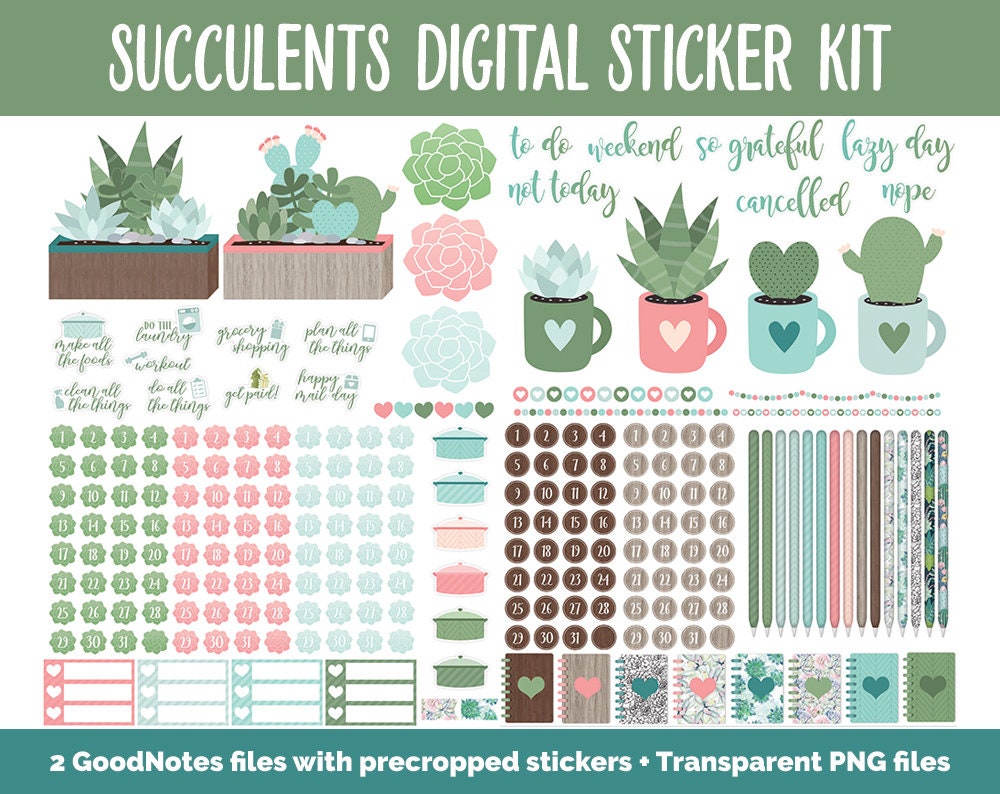 Succulents & Cactus Digital Sticker Bundle | GoodNotes | iPad | May, June Calendar Dates, Sticky Notes, Washi, Trackers and More!