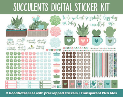 Succulents & Cactus Digital Sticker Bundle | GoodNotes | iPad | May, June Calendar Dates, Sticky Notes, Washi, Trackers and More!