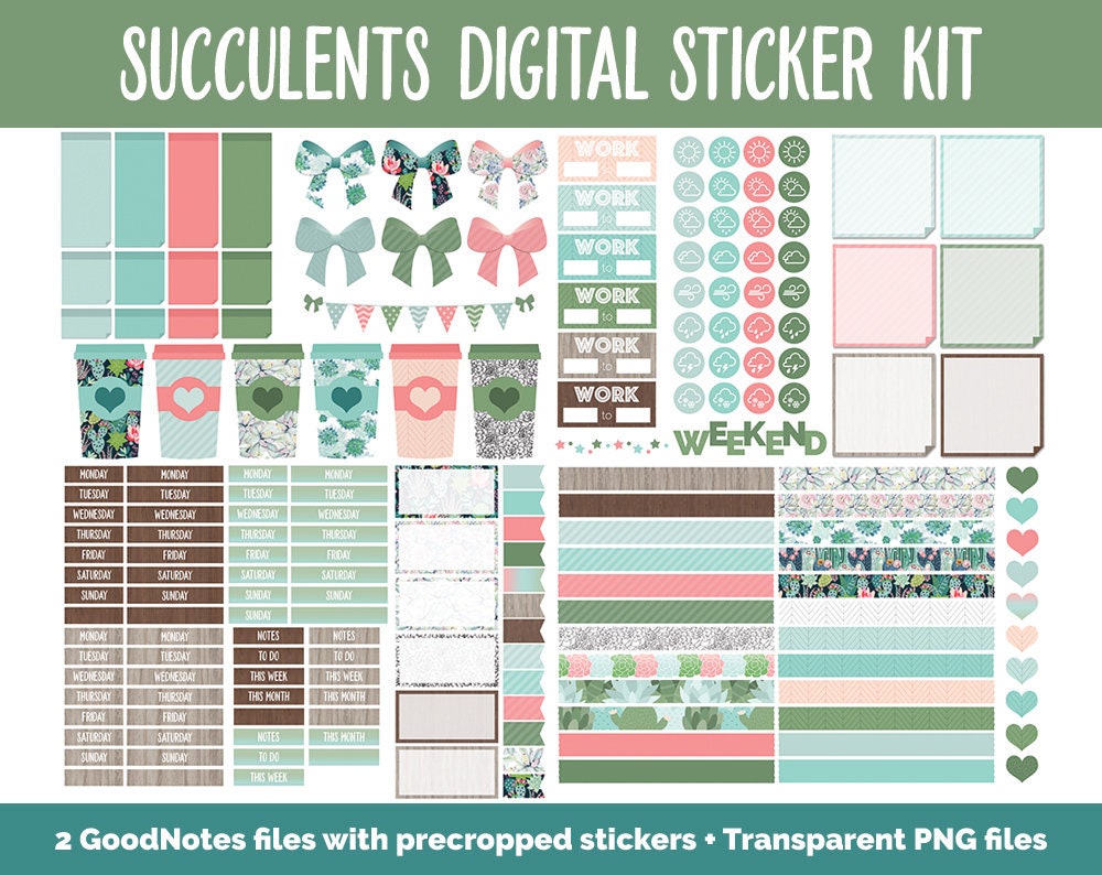 Succulents & Cactus Digital Sticker Bundle | GoodNotes | iPad | May, June Calendar Dates, Sticky Notes, Washi, Trackers and More!