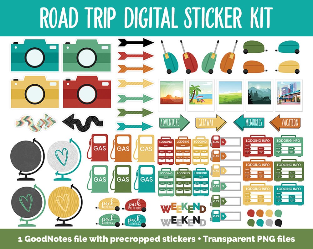 Road Trip Digital Stickers | GoodNotes, iPad and Android | Travel, Vacation, Holiday, Memory Keeping, Scrapbook