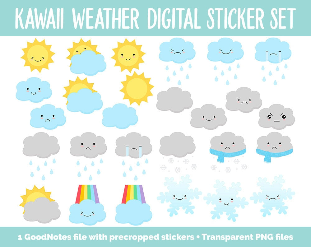 Kawaii Weather Digital Stickers | GoodNotes, iPad and Android | Mood Tracker, Cute Weather, Seasons