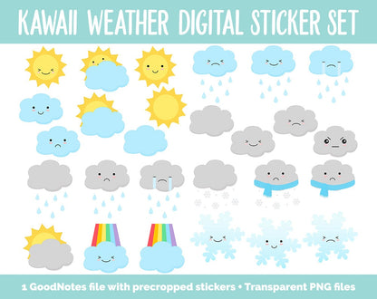 Kawaii Weather Digital Stickers | GoodNotes, iPad and Android | Mood Tracker, Cute Weather, Seasons