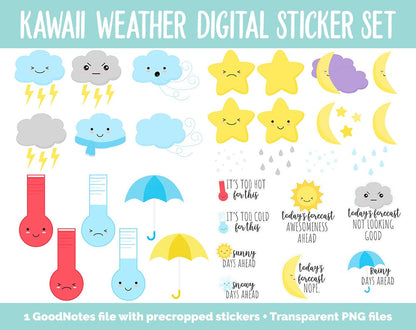 Kawaii Weather Digital Stickers | GoodNotes, iPad and Android | Mood Tracker, Cute Weather, Seasons