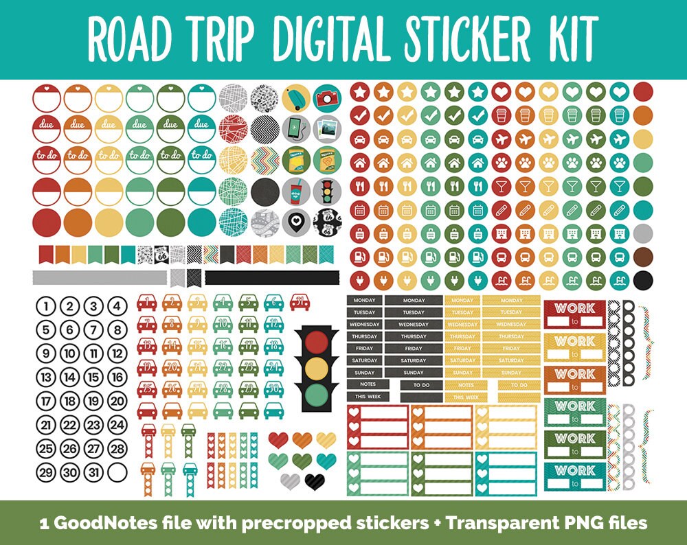 Road Trip Digital Stickers | GoodNotes, iPad and Android | Travel, Vacation, Holiday, Memory Keeping, Scrapbook