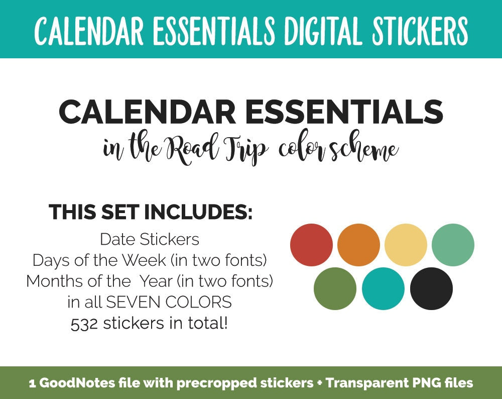 Calendar Essentials Digital Stickers | Road Trip Theme | GoodNotes, iPad and Android | Travel, Vacation, Holiday