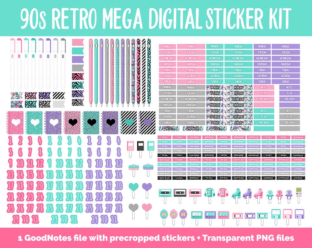 90s Retro Digital Planner Sticker Mega Kit