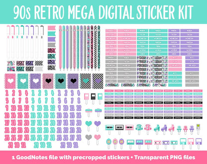 90s Retro Digital Planner Sticker Mega Kit