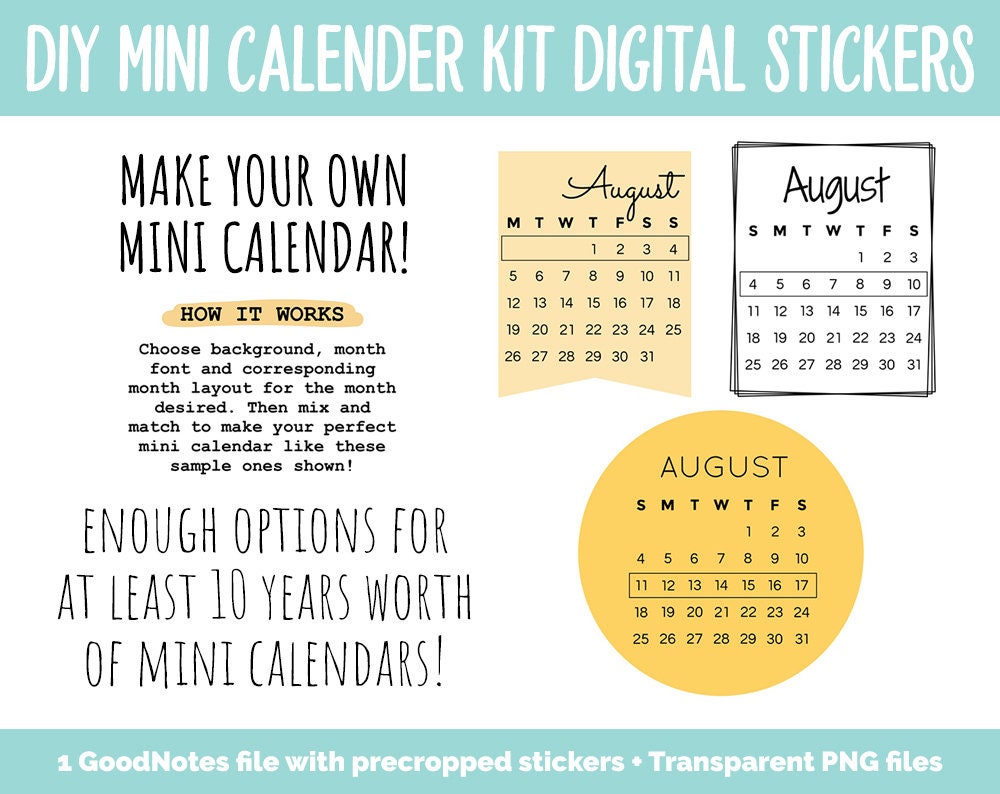 DIY Mini Calendar Digital Stickers Kit | GoodNotes, iPad and Android ...