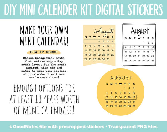 DIY Mini Calendar Digital Stickers Kit | GoodNotes, iPad and Android | Digital Planner, Memory Keeping