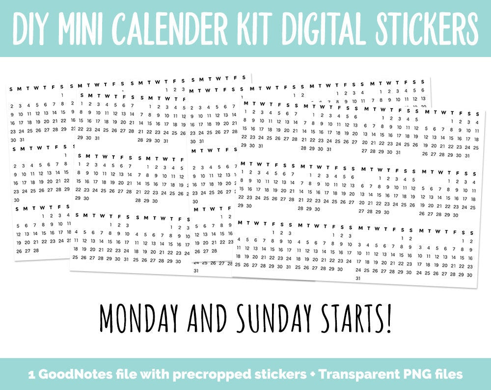 DIY Mini Calendar Digital Stickers Kit | GoodNotes, iPad and Android ...