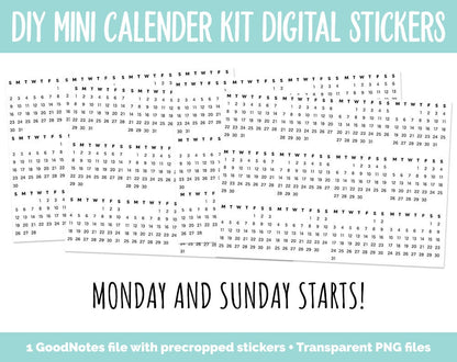 DIY Mini Calendar Digital Stickers Kit | GoodNotes, iPad and Android | Digital Planner, Memory Keeping