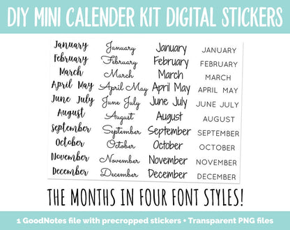 DIY Mini Calendar Digital Stickers Kit | GoodNotes, iPad and Android | Digital Planner, Memory Keeping