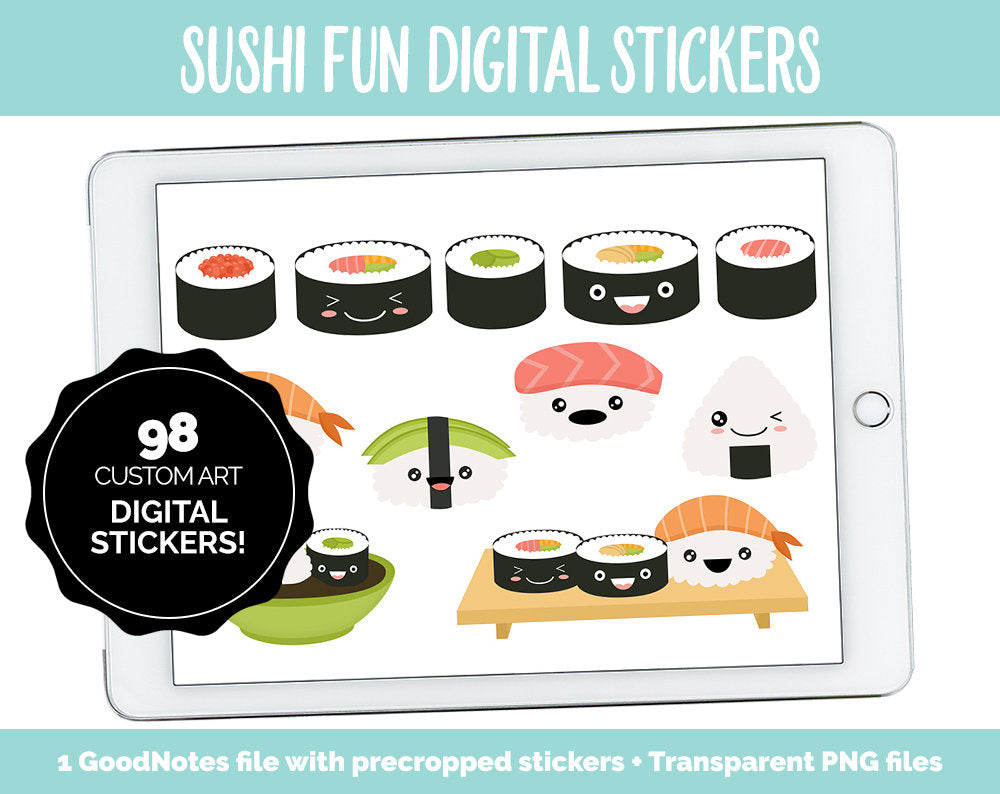 Sushi Fun Digital Stickers | GoodNotes, iPad and Android | Emoji, Mood Tracker, Kawaii, Food