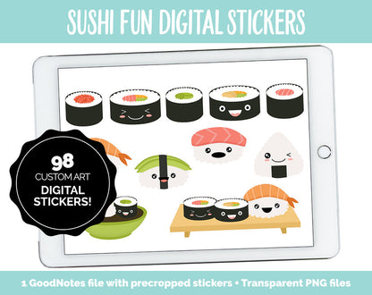 Sushi Fun Digital Stickers | GoodNotes, iPad and Android | Emoji, Mood Tracker, Kawaii, Food