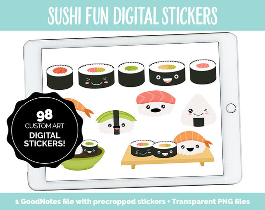 Sushi Fun Digital Stickers | GoodNotes, iPad and Android | Emoji, Mood Tracker, Kawaii, Food