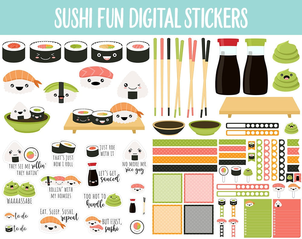 Sushi Fun Digital Stickers | GoodNotes, iPad and Android | Emoji, Mood Tracker, Kawaii, Food