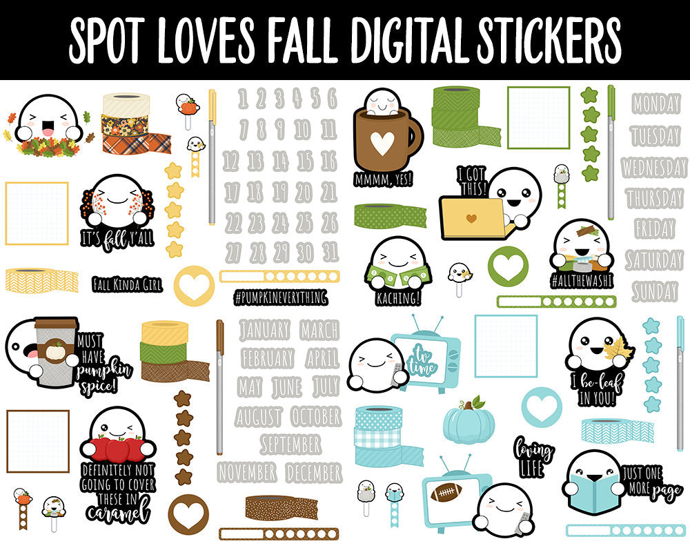 Spot Loves Fall Digital Stickers | GoodNotes, iPad and Android | Spot, Washi, Fineliners, Autumn, October, Calendar