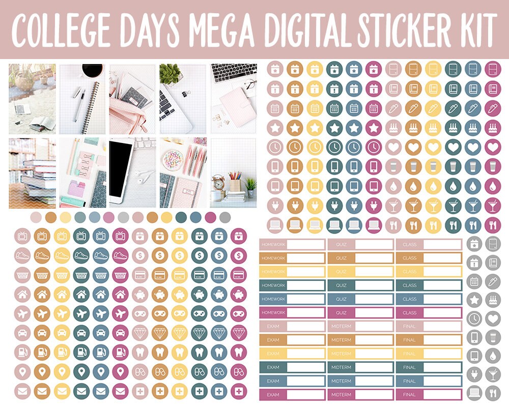 College Days Digital Planner Stickers | GoodNotes, iPad and Android | Trackers, Study, Highlighters, Sticky Notes, Homework