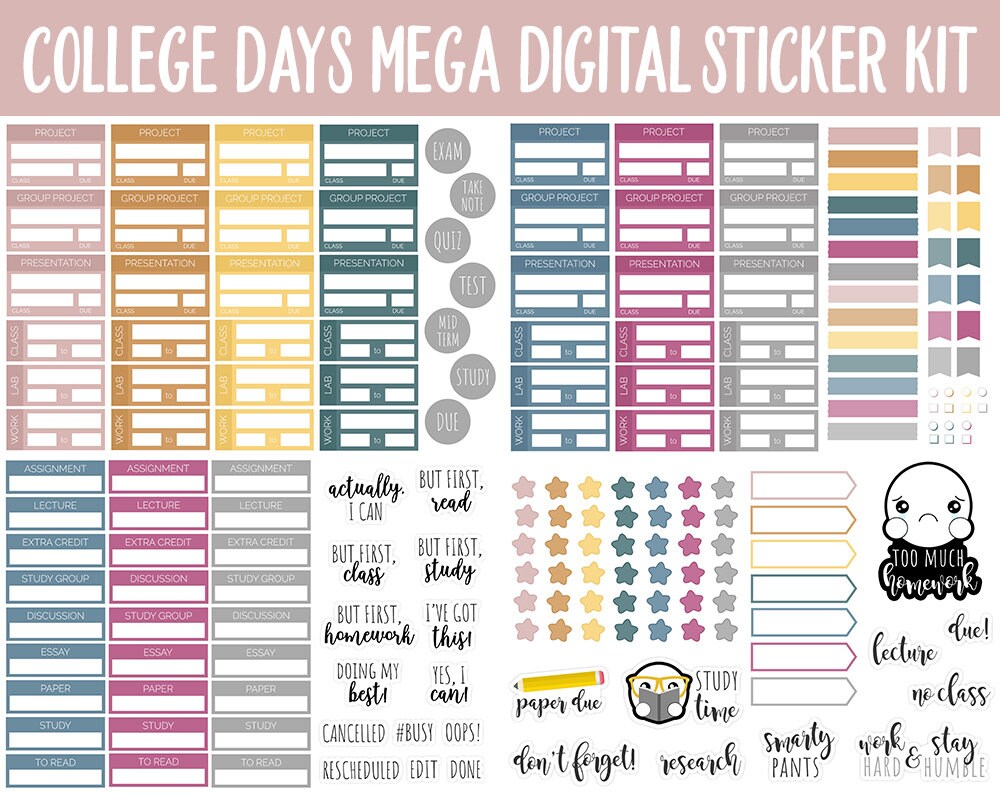 College Days Digital Planner Stickers | GoodNotes, iPad and Android | Trackers, Study, Highlighters, Sticky Notes, Homework