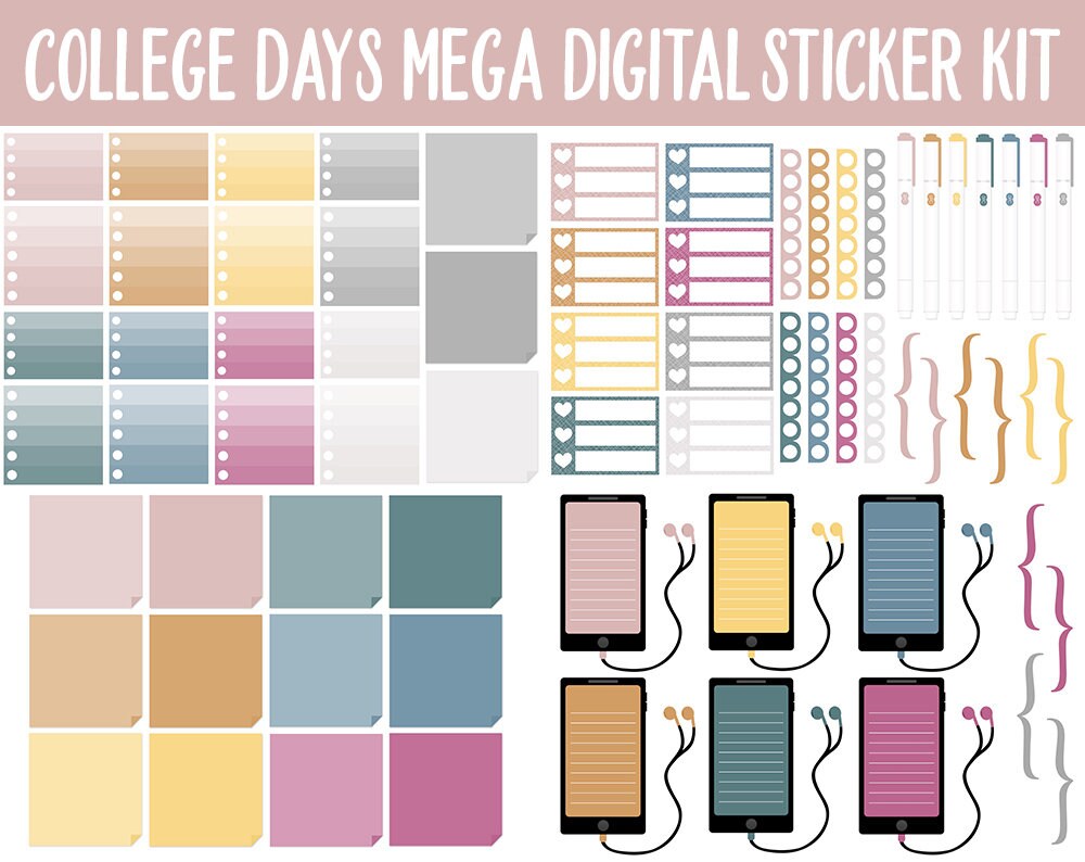 College Days Digital Planner Stickers | GoodNotes, iPad and Android | Trackers, Study, Highlighters, Sticky Notes, Homework
