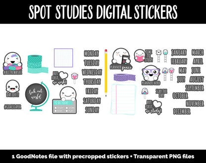Spot Studies Digital Stickers | GoodNotes, iPad and Android | Spot, Washi, Fineliners, Crayons, Back to School, Calendar