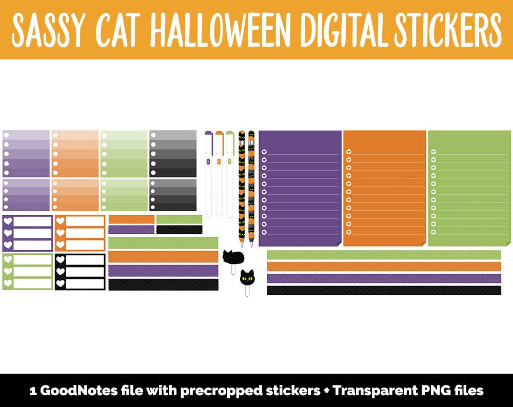 Sassy Cat Halloween Digital Stickers | GoodNotes, iPad and Android | Adulting, Kitty, Black Cat