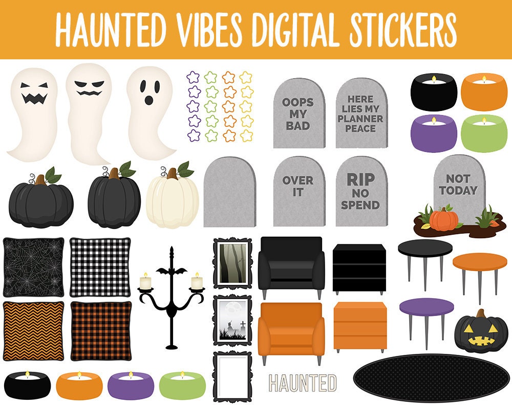 Haunted Vibes Halloween Digital Stickers | GoodNotes, iPad and Android | Ghosts, Pumpkins, Spooky Home