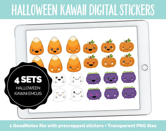 Halloween Kawaii Digital Stickers | GoodNotes, iPad and Android | Emoji, Mood Tracker, Kawaii