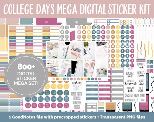 College Days Digital Planner Stickers | GoodNotes, iPad and Android | Trackers, Study, Highlighters, Sticky Notes, Homework