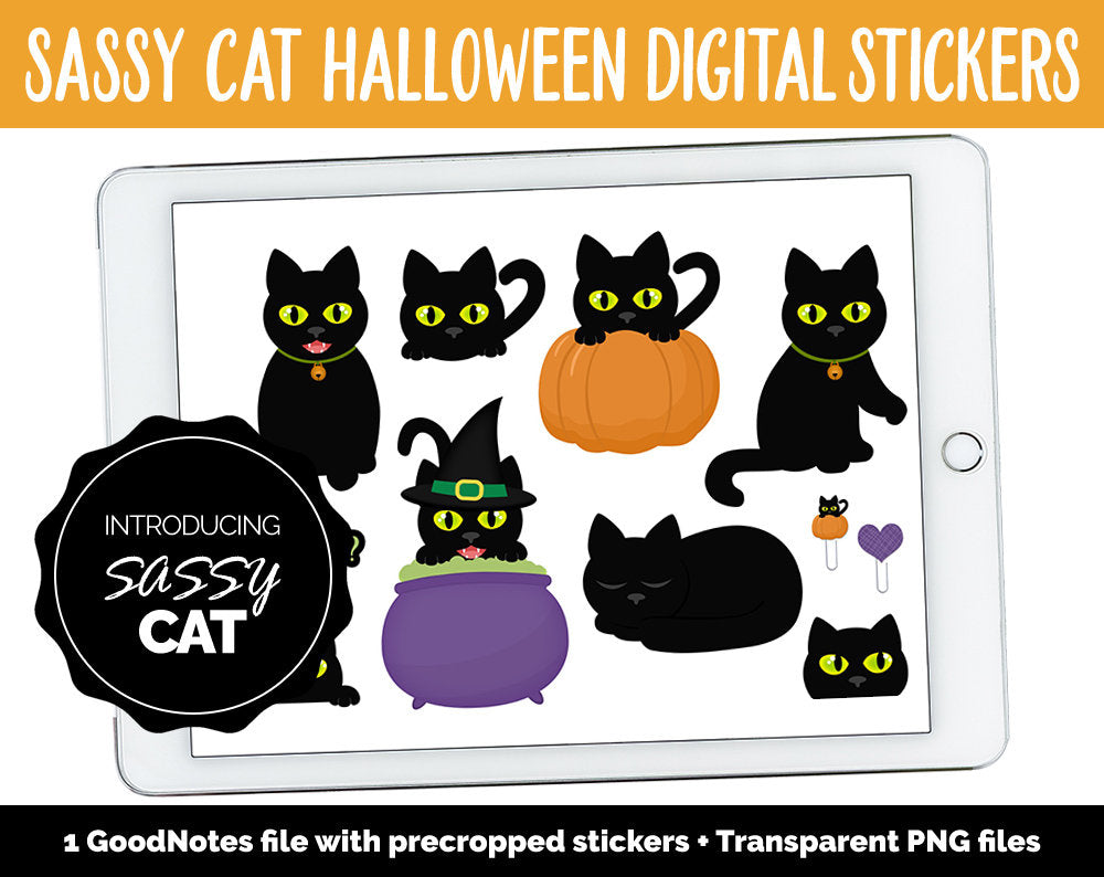Sassy Cat Halloween Digital Stickers | GoodNotes, iPad and Android | Adulting, Kitty, Black Cat