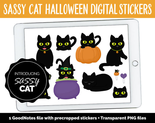 Sassy Cat Halloween Digital Stickers | GoodNotes, iPad and Android | Adulting, Kitty, Black Cat