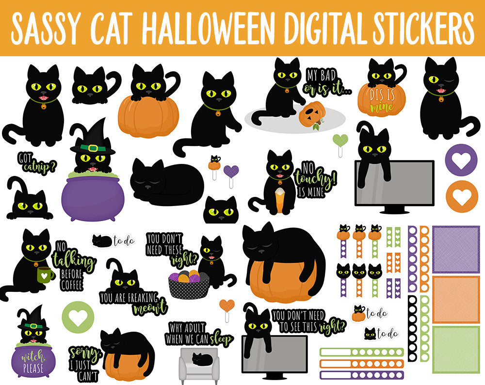 Sassy Cat Halloween Digital Stickers | GoodNotes, iPad and Android | Adulting, Kitty, Black Cat