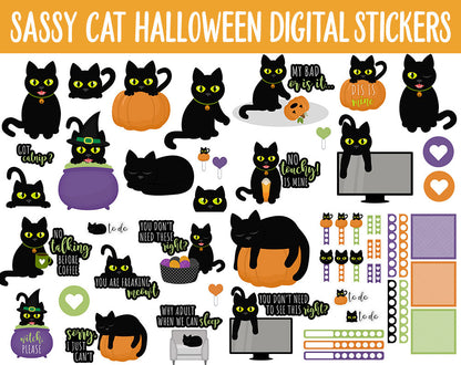 Sassy Cat Halloween Digital Stickers | GoodNotes, iPad and Android | Adulting, Kitty, Black Cat