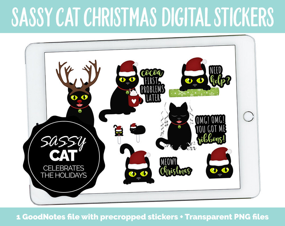 Sassy Cat Christmas Digital Stickers | GoodNotes, iPad and Android | Holidays, Kitty, Black Cat, Adulting