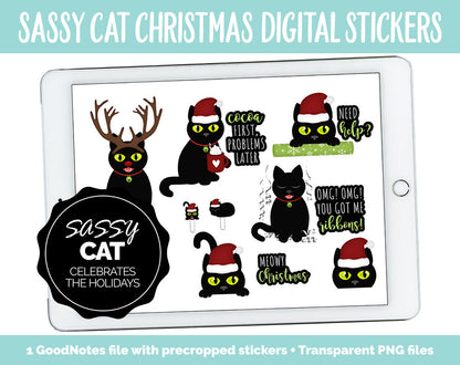 Sassy Cat Christmas Digital Stickers | GoodNotes, iPad and Android | Holidays, Kitty, Black Cat, Adulting